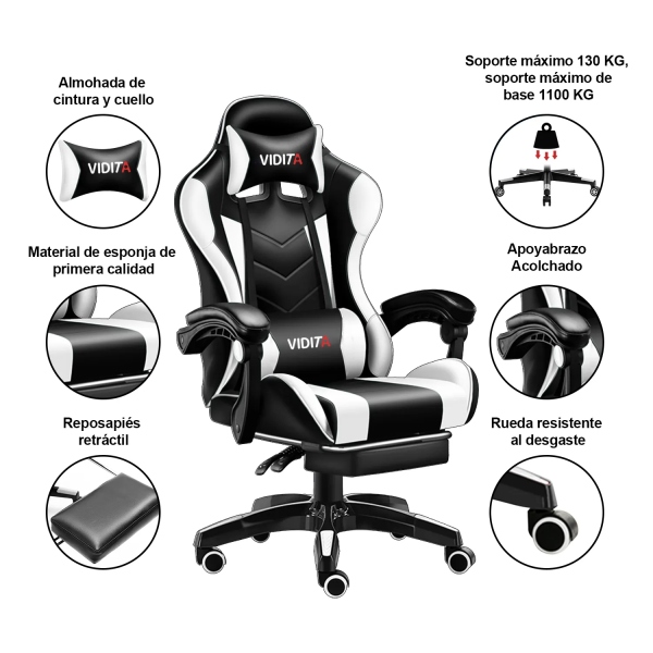 Silla Gamer GX2000 Reclinable Profesional con Reposapiés-Blanco - Imagen 2