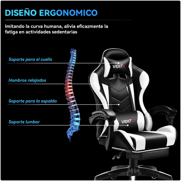 Silla Gamer GX2000 Reclinable Profesional con Reposapiés-Blanco - Imagen 3