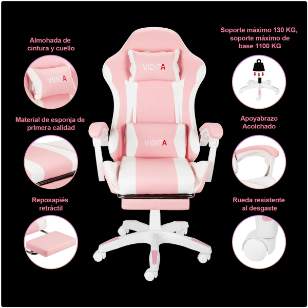 Silla Gamer GX2000 Reclinable Profesional con Reposapiés-Rosado - Imagen 2